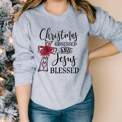 Christmas Obsessed Jesus Blessed -  Screen Print Transfer - Shirt = Gildan 18000 Sport Grey