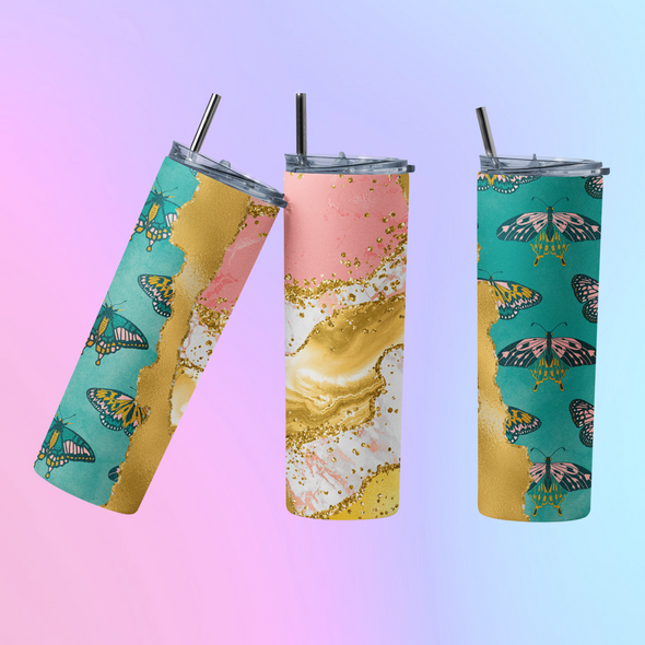 GOLD PINK TEAL BUTTERFLY - 20 oz Skinny Tumbler Sublimation Transfers