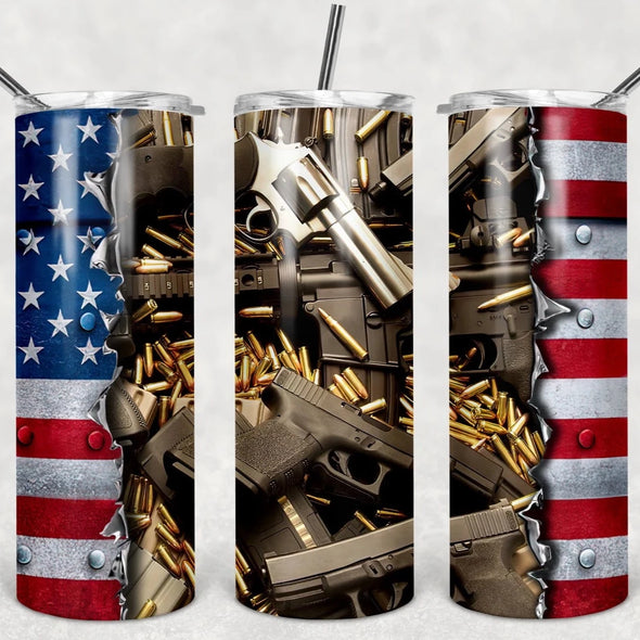 Guns & American Flag - 20oz Stainless Steel Skinny Tumbler (COMPLETED ITEM)